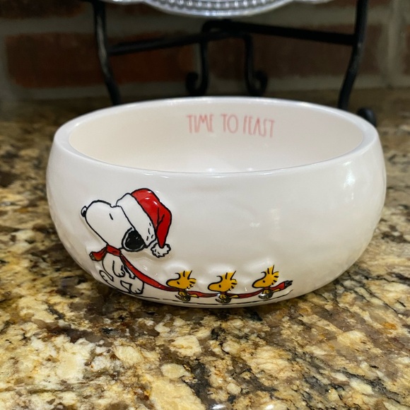 Rae Dunn Peanuts TIME TO FEAST 3d snoopy and woodstock dimpled pet bowl - NEW! - Picture 1 of 8
